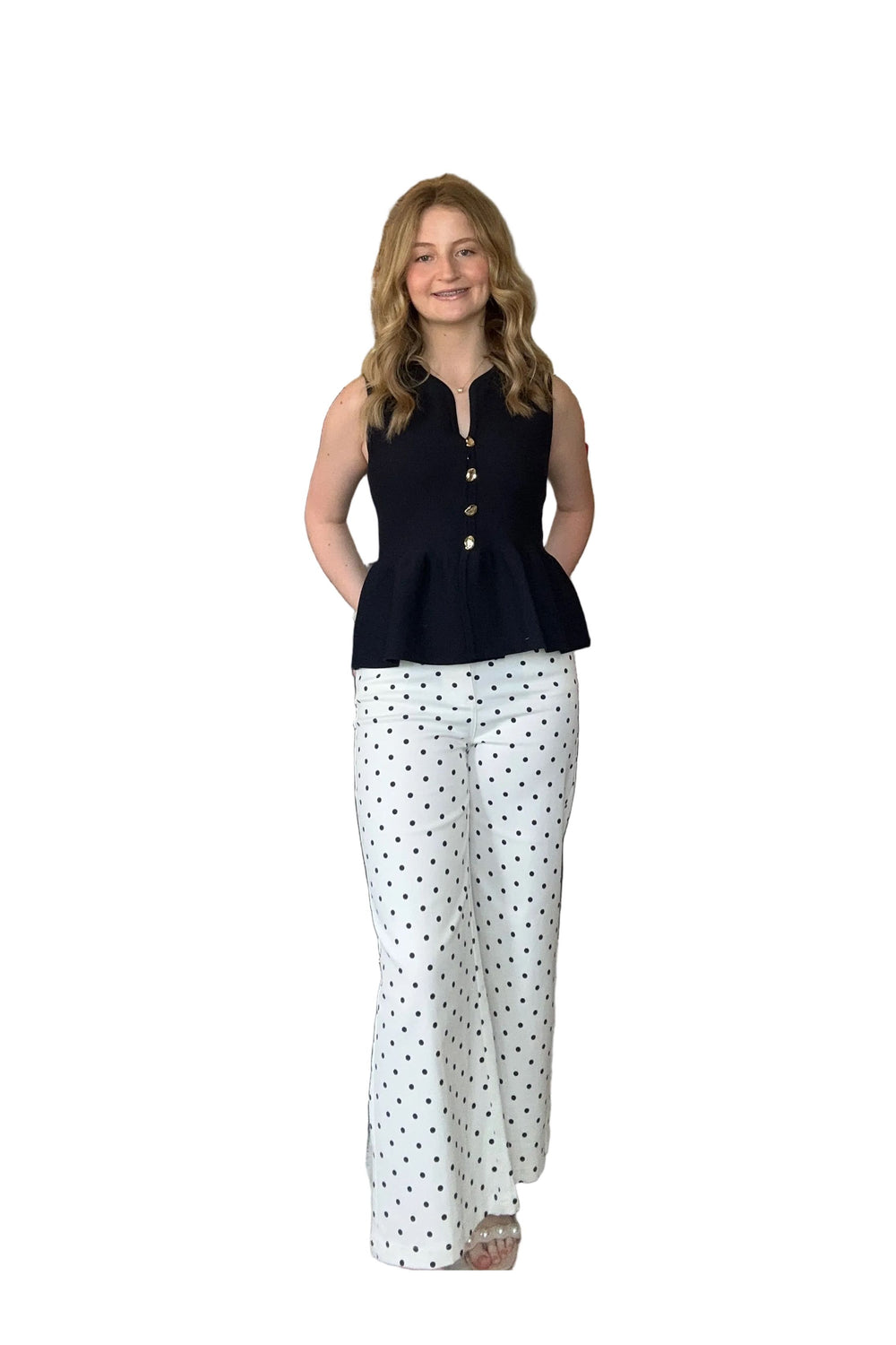 ENTRO Black Polka Dot Wide Leg Cropped Pants – Chic High Waist Statement Bottoms - Vintage Dragonfly Boutique