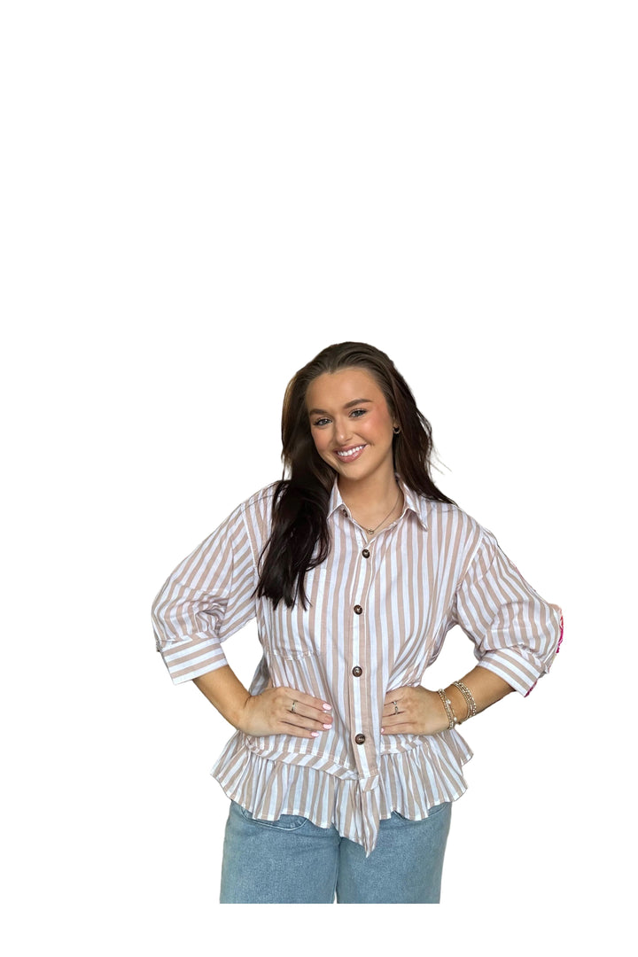Sewn and Seen White with Taupe Stripes Peplum Button Front Top - Vintage Dragonfly Boutique