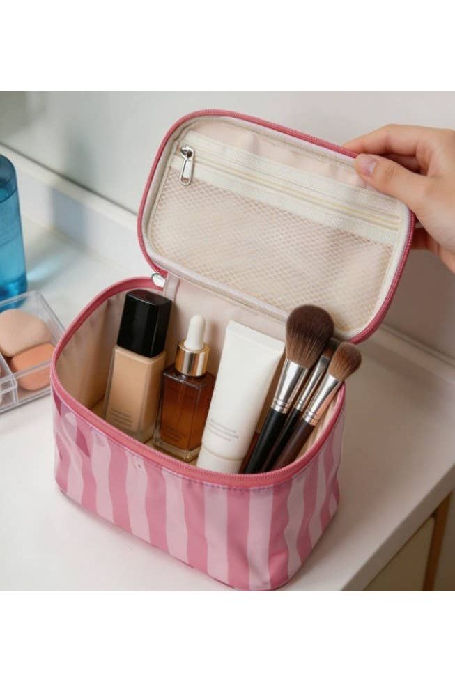 JOSSLYN by wall to wall - Striped Vinyl Cosmetic Makeup Travel Pouch Bags | BLUE NAVY