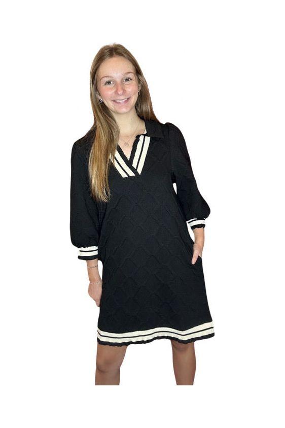 Black 3/4 Length Puff Sleeve V-neck Mini Dress - Vintage Dragonfly Boutique