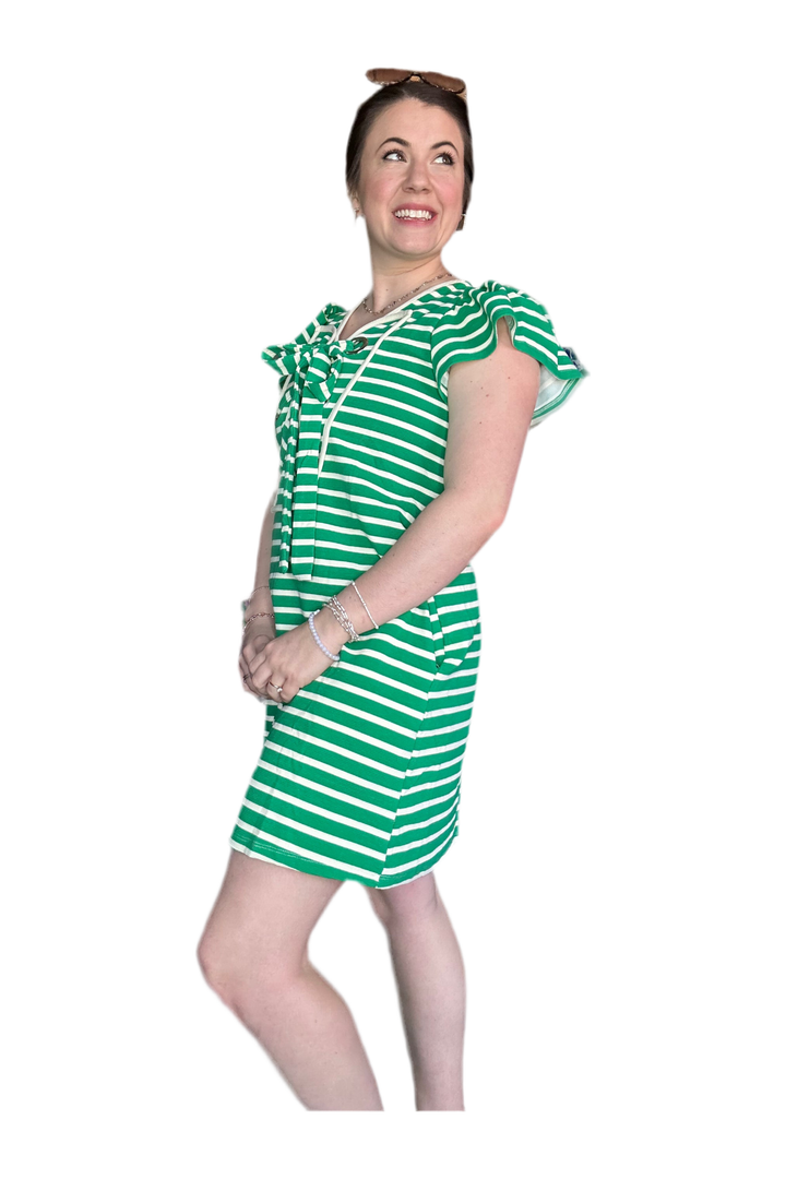 Green Striped Ruffled Sleeve Mini Dress - Vintage Dragonfly Boutique