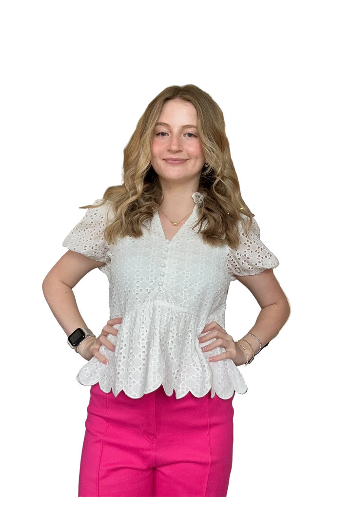Entro Eyelet Puff Sleeve Peplum Top – White &amp; Lemon Scalloped Blouse for Women - Vintage Dragonfly Boutique