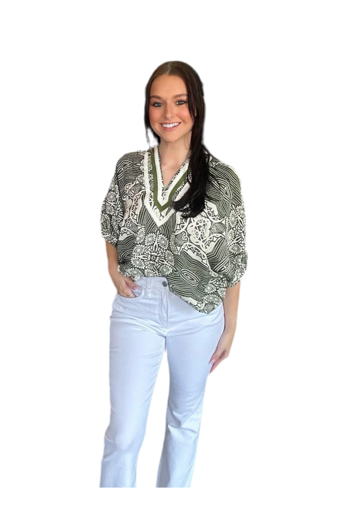 Entro Olive Multi-Pattern Caftan V-Neck Top