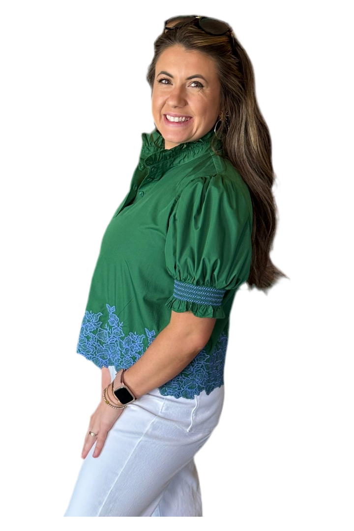 The Graceful Edge Embroidered Puff Sleeve Blouse – Hunter Green + Blue