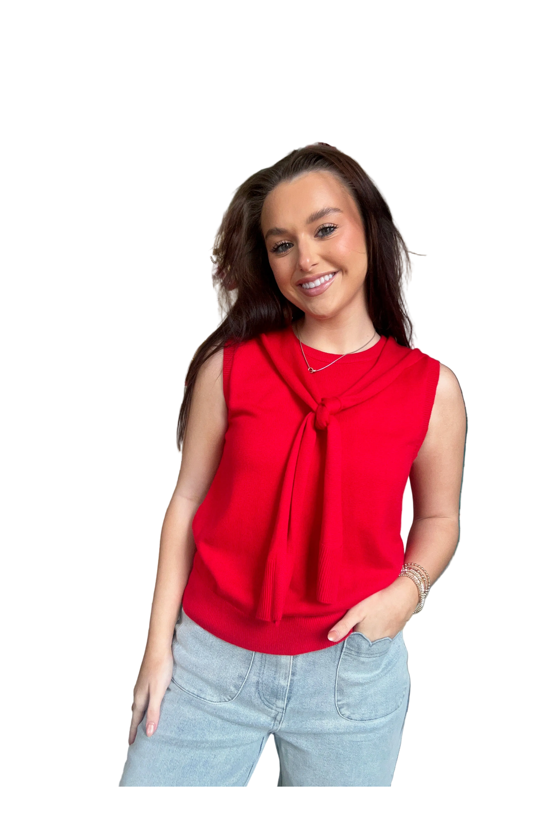 Ivory or Red Sleeveless Round Neck Sweater Top with Built-In Faux Sweater Tie by Entro - Vintage Dragonfly Boutique