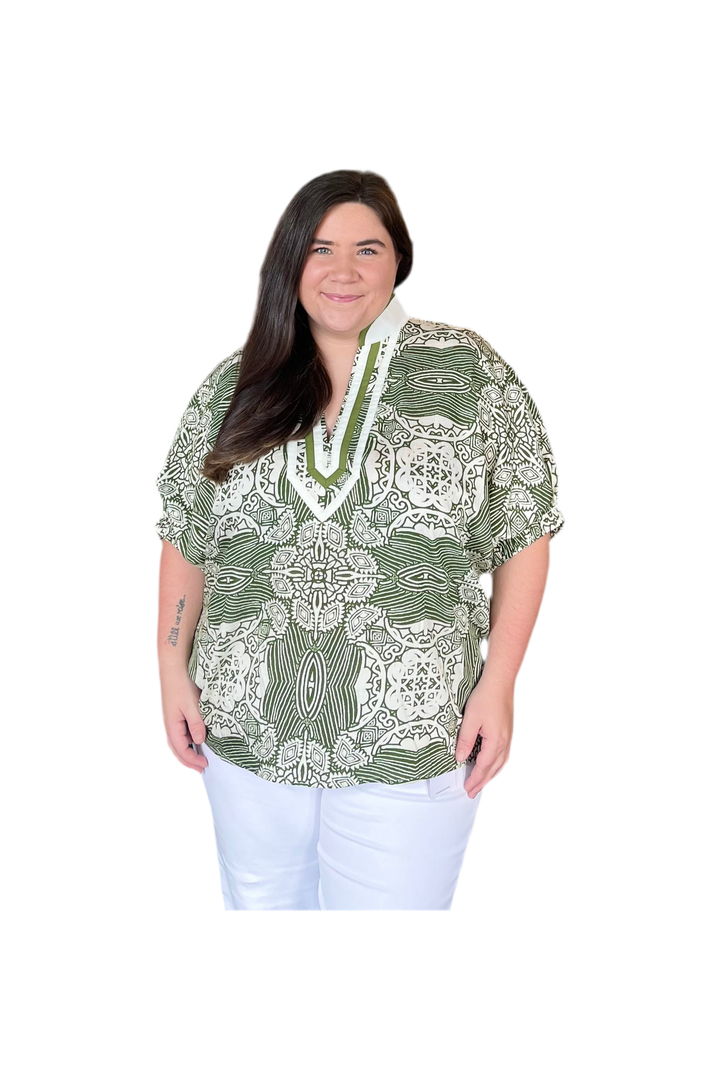 Entro Olive Multi-Pattern Caftan V-Neck Top