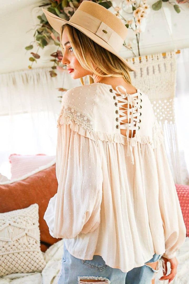 Vine & Love - Lace-up back detail swiss dot patterned blouse - Vintage Dragonfly Boutique