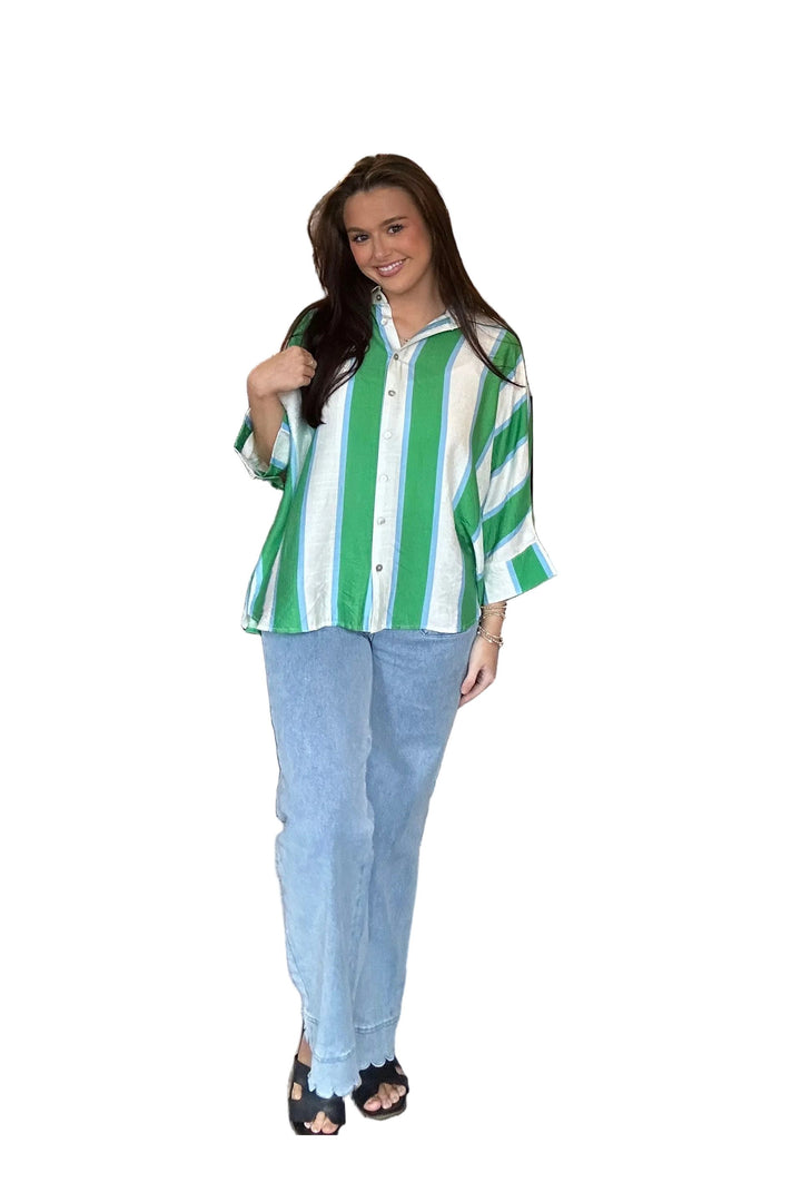 Entro Striped Button-Up Top – Green with White Relaxed Fit Blouse - Vintage Dragonfly Boutique