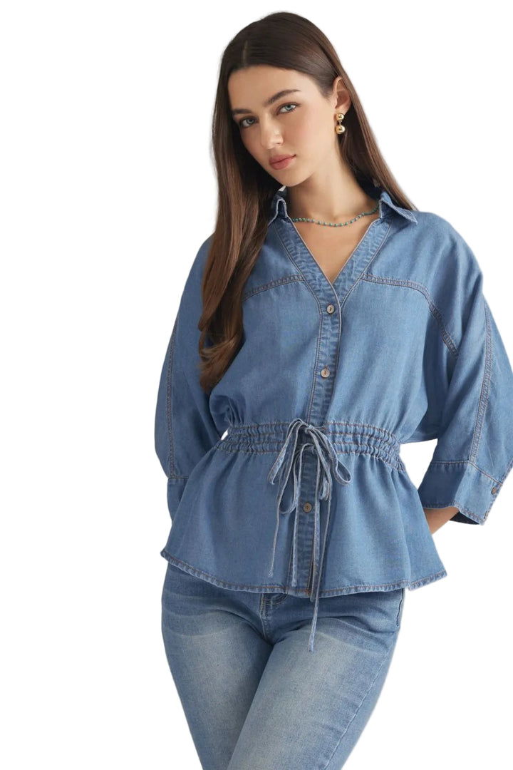 Entro Dark Denim Drawstring Waist Peplum Top - Vintage Dragonfly Boutique