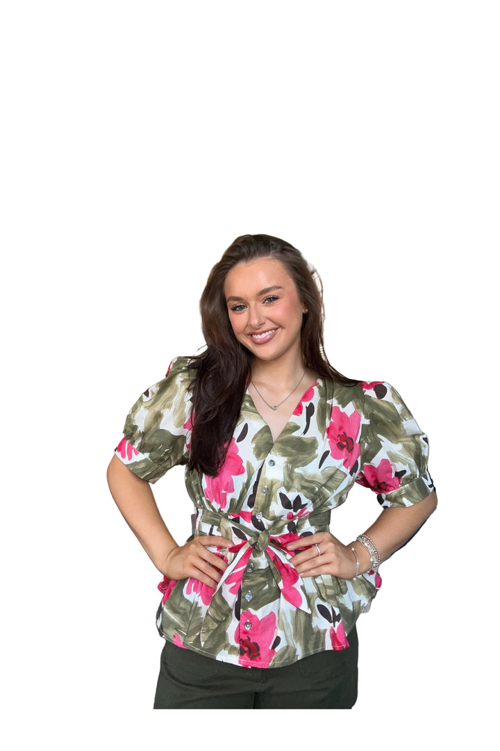 Entro Olive Floral Peplum Top | Flattering Fall Blouse for Women