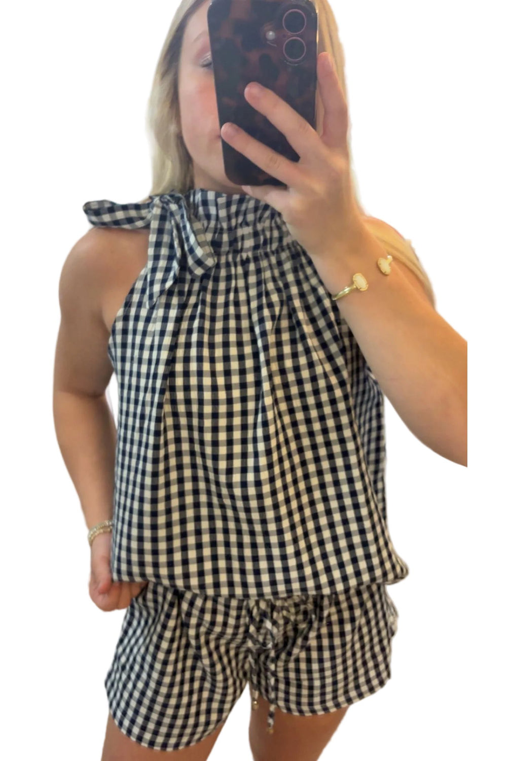 Navy Gingham Halter Top & Shorts Set | ENTRO Matching Summer Set - Vintage Dragonfly Boutique