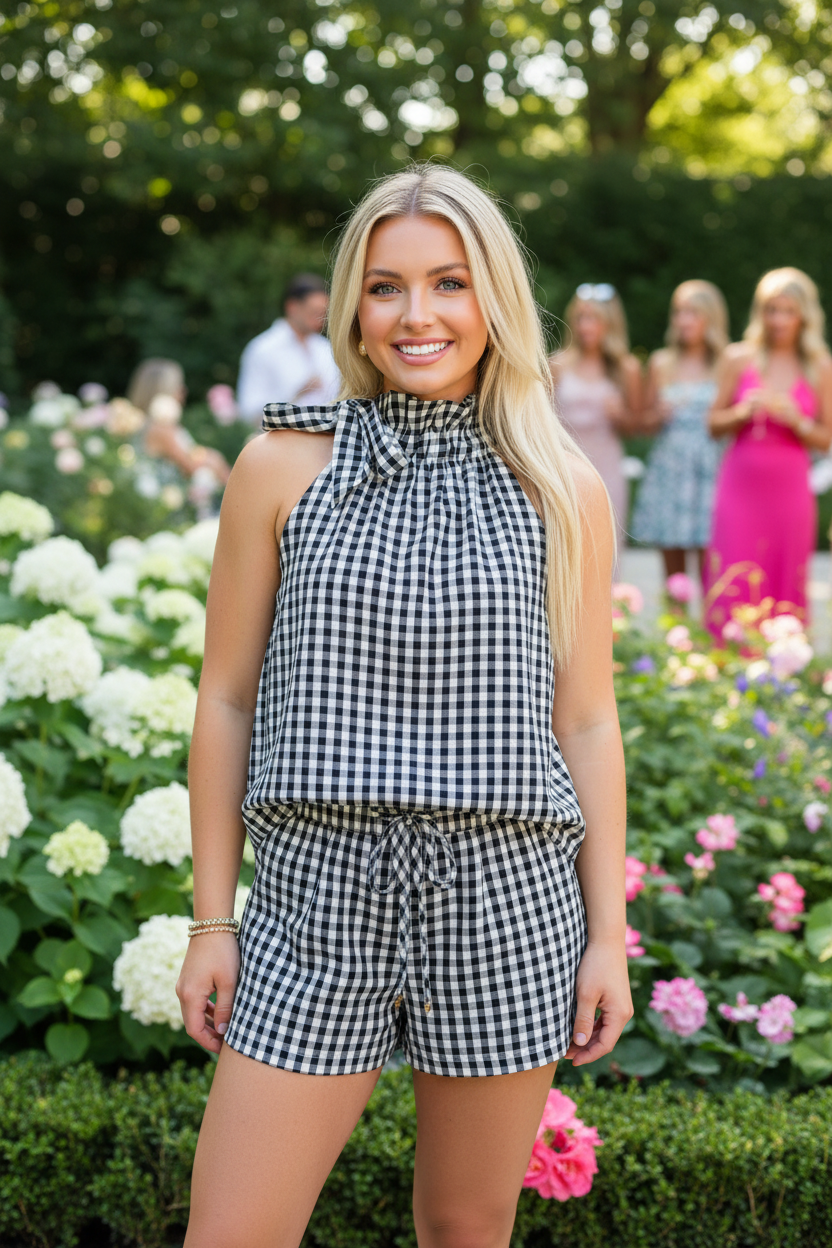 Navy Gingham Halter Top &amp; Shorts Set | ENTRO Matching Summer Set - Vintage Dragonfly Boutique