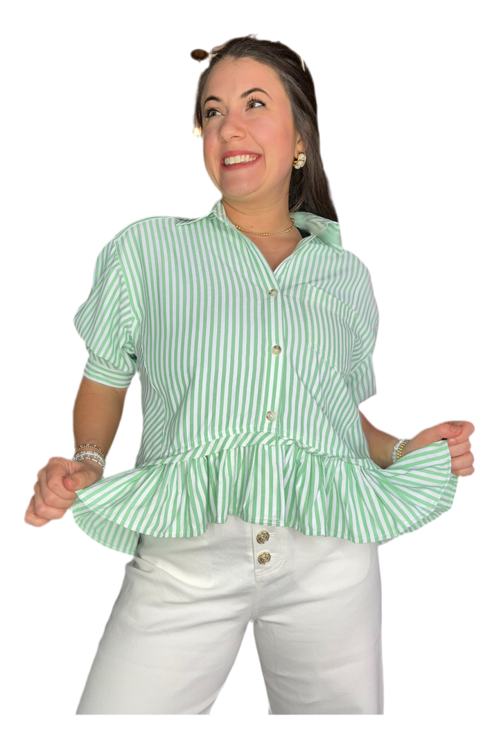 Apple Green Striped 3/4 L Sleeve Ruffle Hem Top