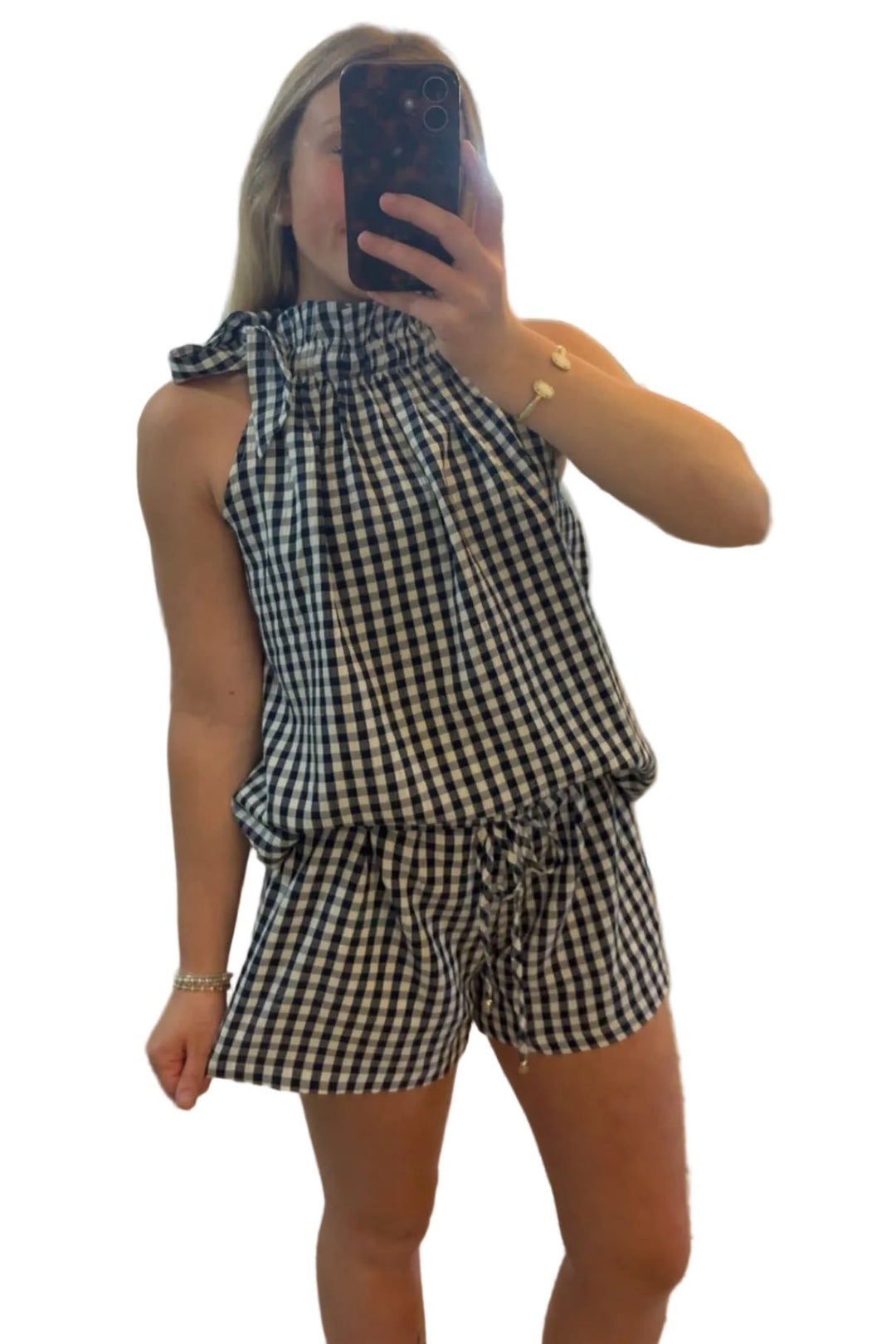 Navy Gingham Halter Top &amp; Shorts Set | ENTRO Matching Summer Set - Vintage Dragonfly Boutique