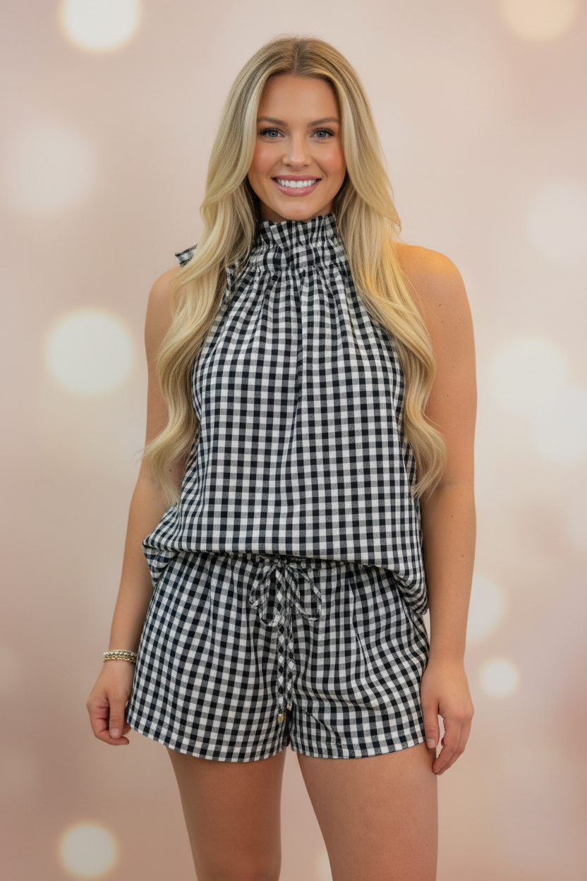 Navy Gingham Halter Top & Shorts Set | ENTRO Matching Summer Set - Vintage Dragonfly Boutique