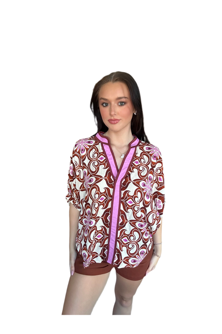 Retro Abstract Print Blouse with Pink Contrast V-Neck - Vintage Dragonfly Boutique