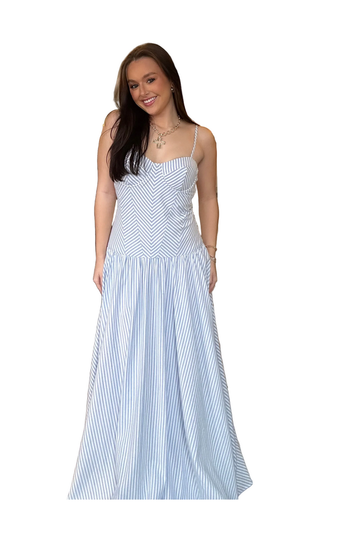 Light Blue Striped Corset Maxi Dress with Sweetheart Neckline – TCEC Cotton Summer Dress