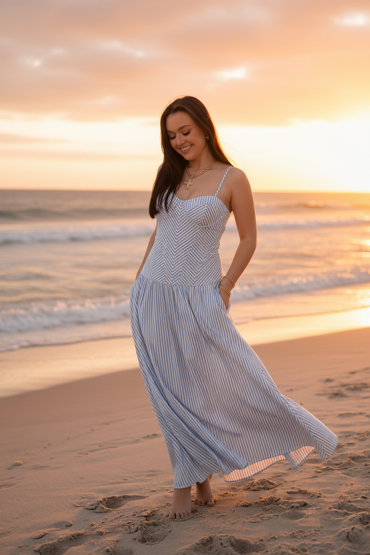 Light Blue Striped Corset Maxi Dress with Sweetheart Neckline – TCEC Cotton Summer Dress