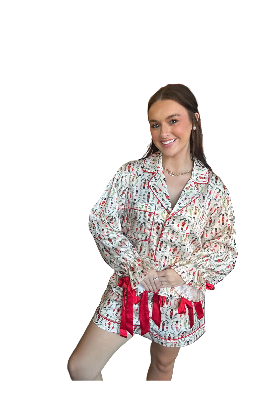 Peach Love Satin Toy Soldiers PJ Set with Velvet Ties