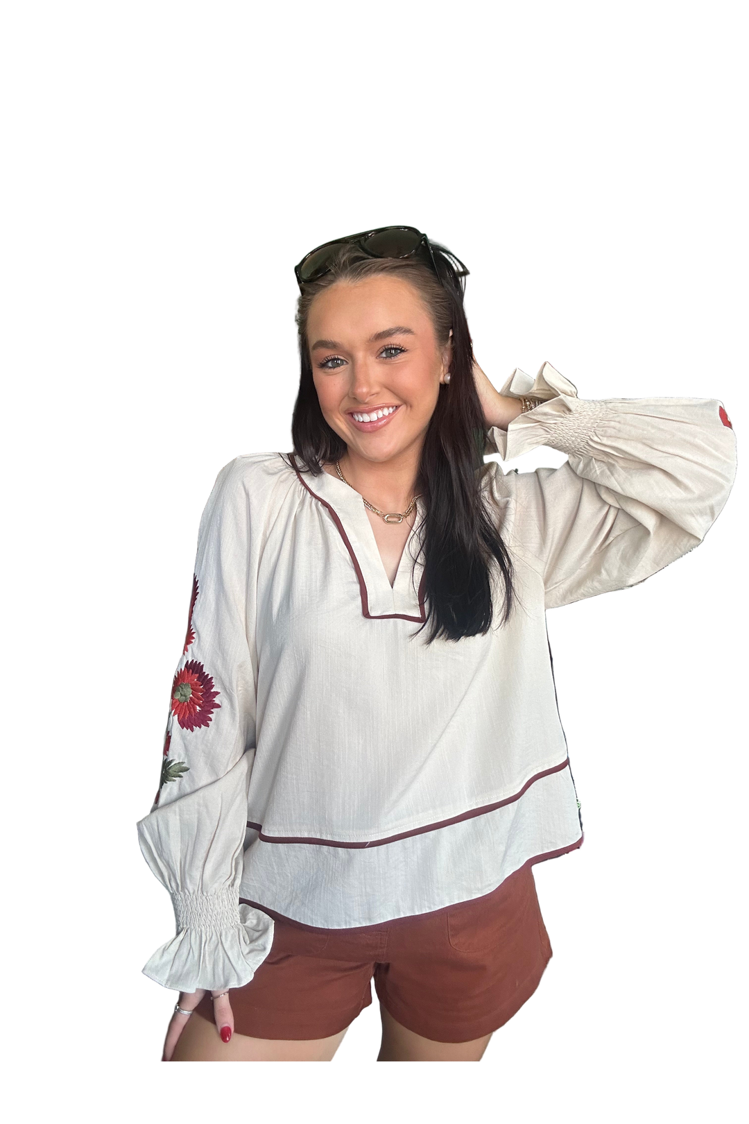 Cream Peasant Blouse with Red Floral Embroidery and Ruffle Cuffs