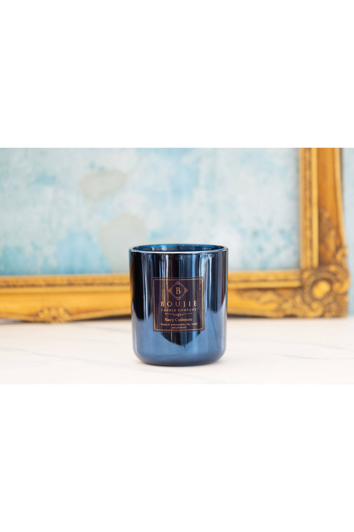 Boujie Candle Company - Boujie Navy Cashmere Jar Filled Candle: Wood Wick / 14 oz Glass Vessel