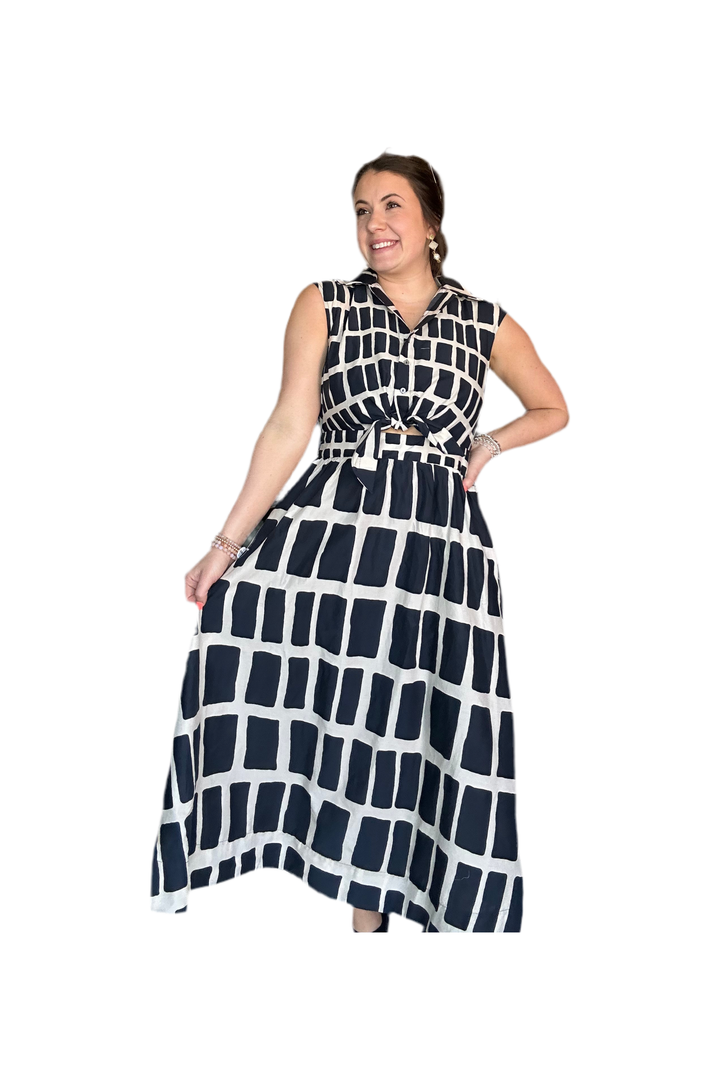Navy Abstract Print Midi Dress - Vintage Dragonfly Boutique