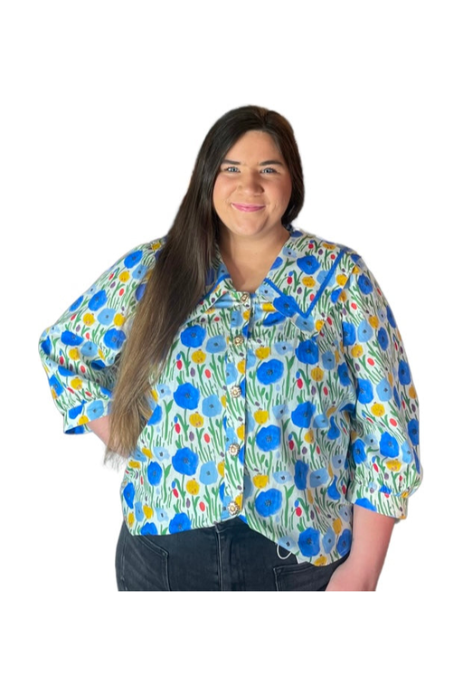 Entro Blue Floral Pattern Button Up Top - Vintage Dragonfly Boutique