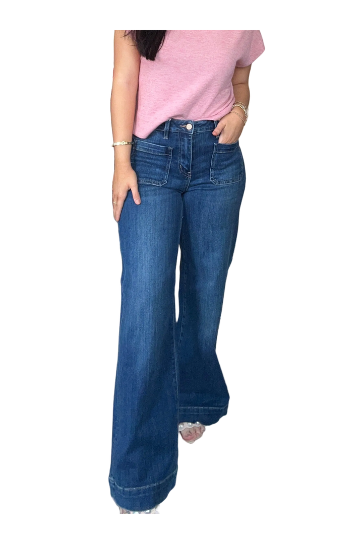Flying Monkey High Rise Patch Pocket Wide Leg Jeans – Dark Wash Trouser Hem Denim - Vintage Dragonfly Boutique