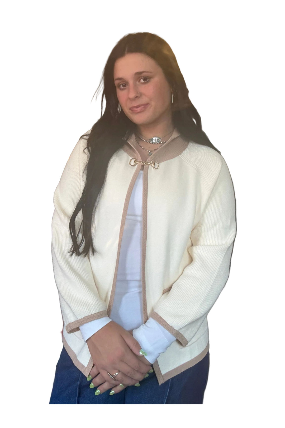 Entro Cream Contrast Trim Horse But Detail Cardigan - Vintage Dragonfly Boutique