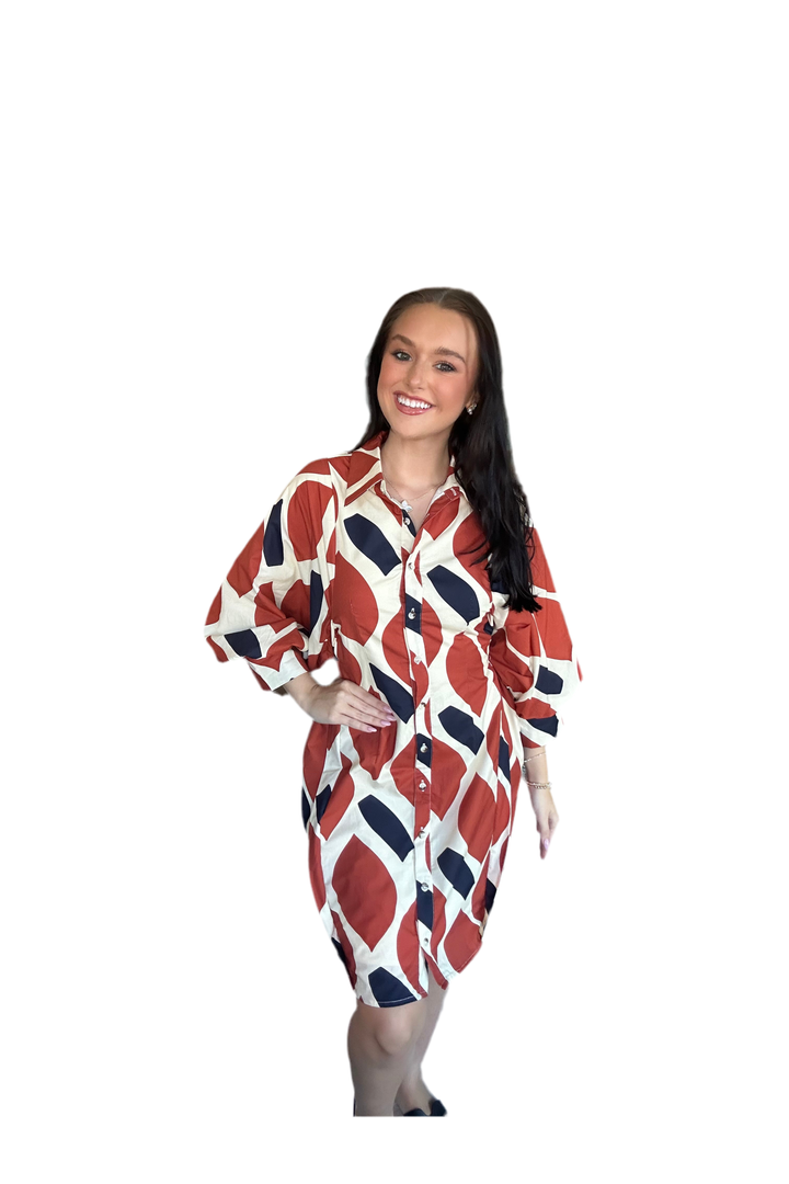 Retro Geometric Print Mini Dress with Tie Waist - Vintage Dragonfly Boutique