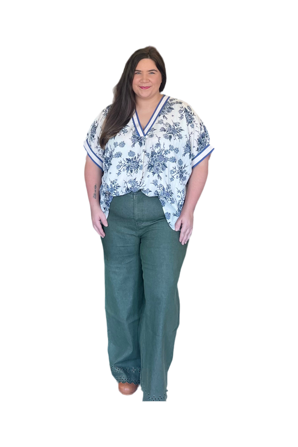 High Waist Embroidered Olive Pants – Flowy & Flattering for Every Day - Vintage Dragonfly Boutique