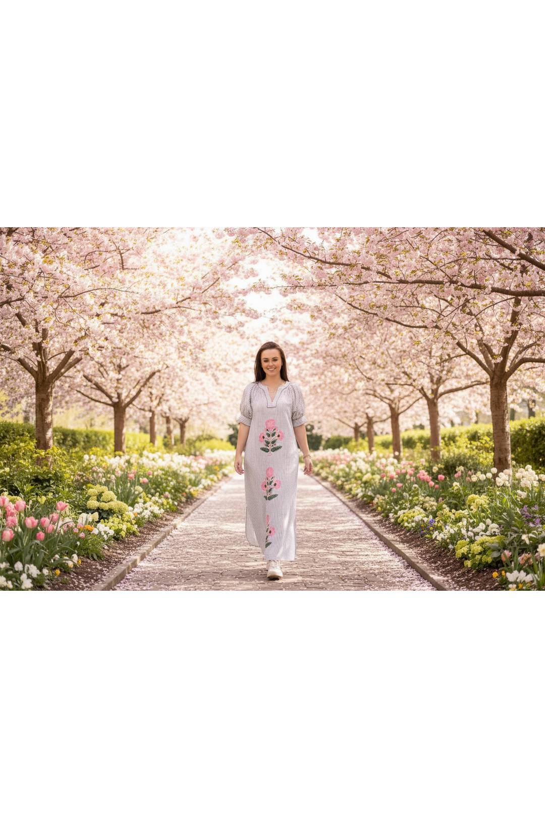 Striped Oatmeal Floral Maxi Dress with Split Neck & Puff Sleeves | Entro Boutique Style - Vintage Dragonfly Boutique