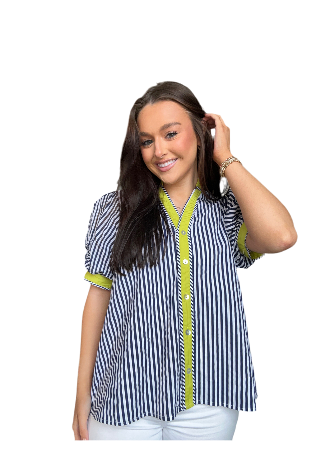 ENTRO Navy Striped Puff Sleeve Top with Lime Contrast Trim - Vintage Dragonfly Boutique