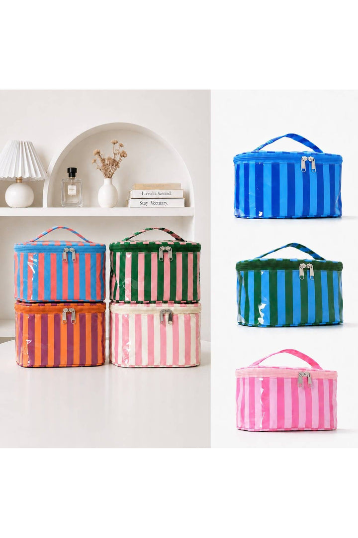 JOSSLYN by wall to wall - Striped Vinyl Cosmetic Makeup Travel Pouch Bags | BLUE NAVY