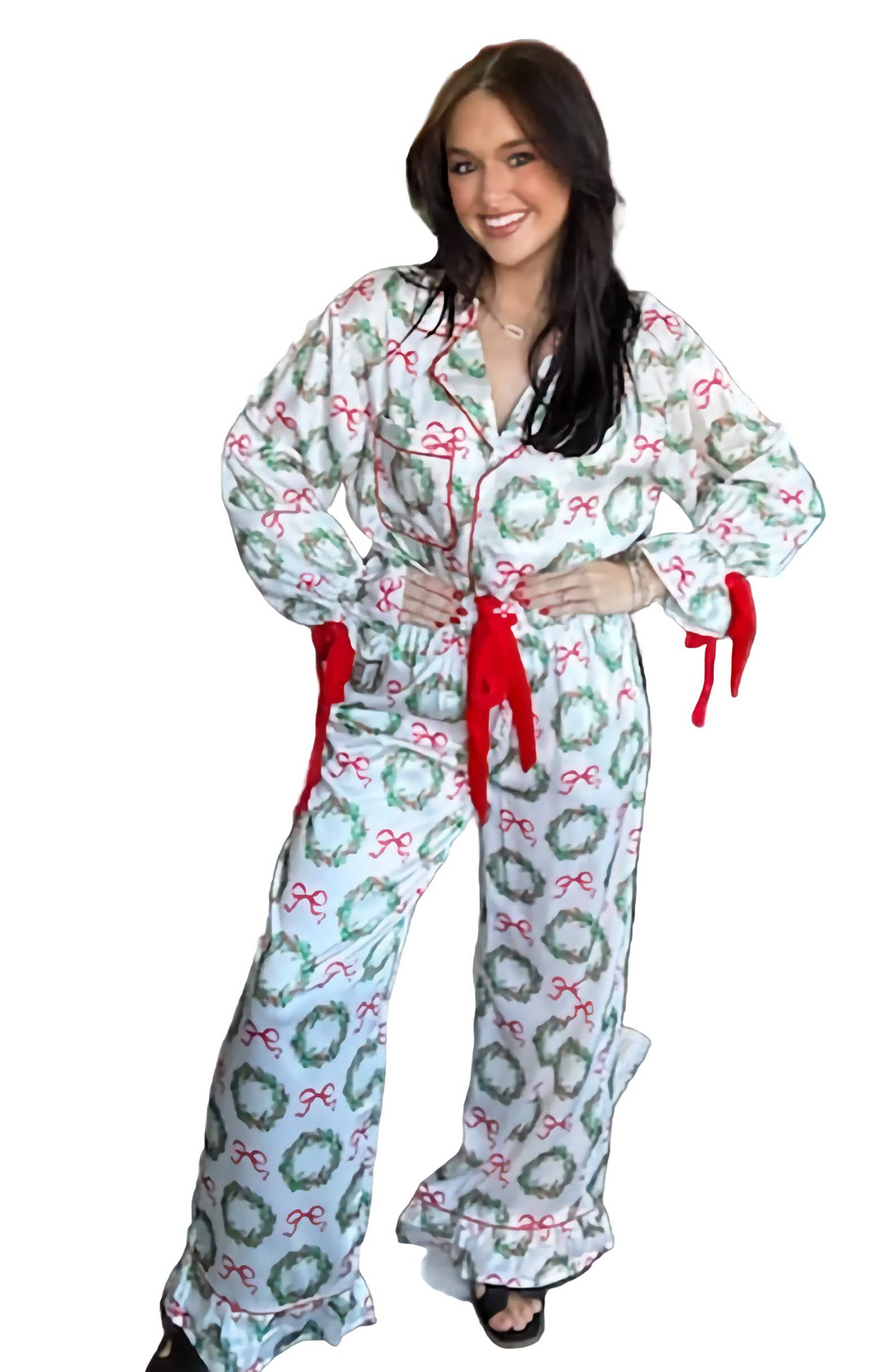 Satin Christmas Pajama Set with Velvet Ties – Long Sleeve Loungewear by Peach Love