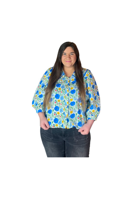 Entro Blue Floral Pattern Button Up Top - Vintage Dragonfly Boutique