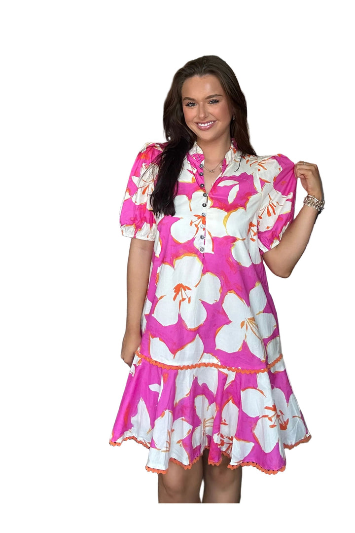 Entro Tropical Floral Mini Dress – Pink Floral Button Front Dress - Vintage Dragonfly Boutique
