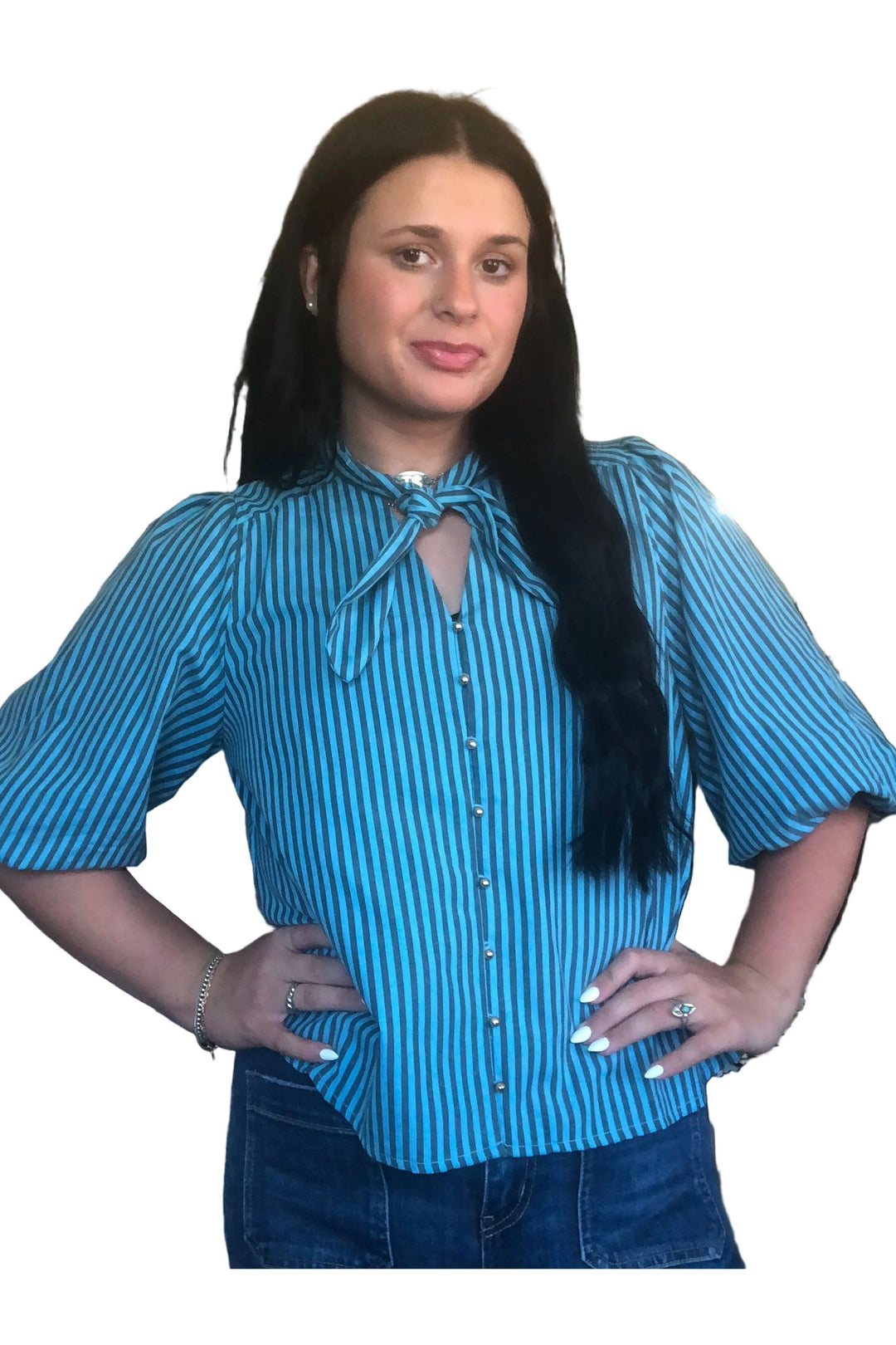 Entro Teal Striped Tie Neck Button Front Top - Vintage Dragonfly Boutique