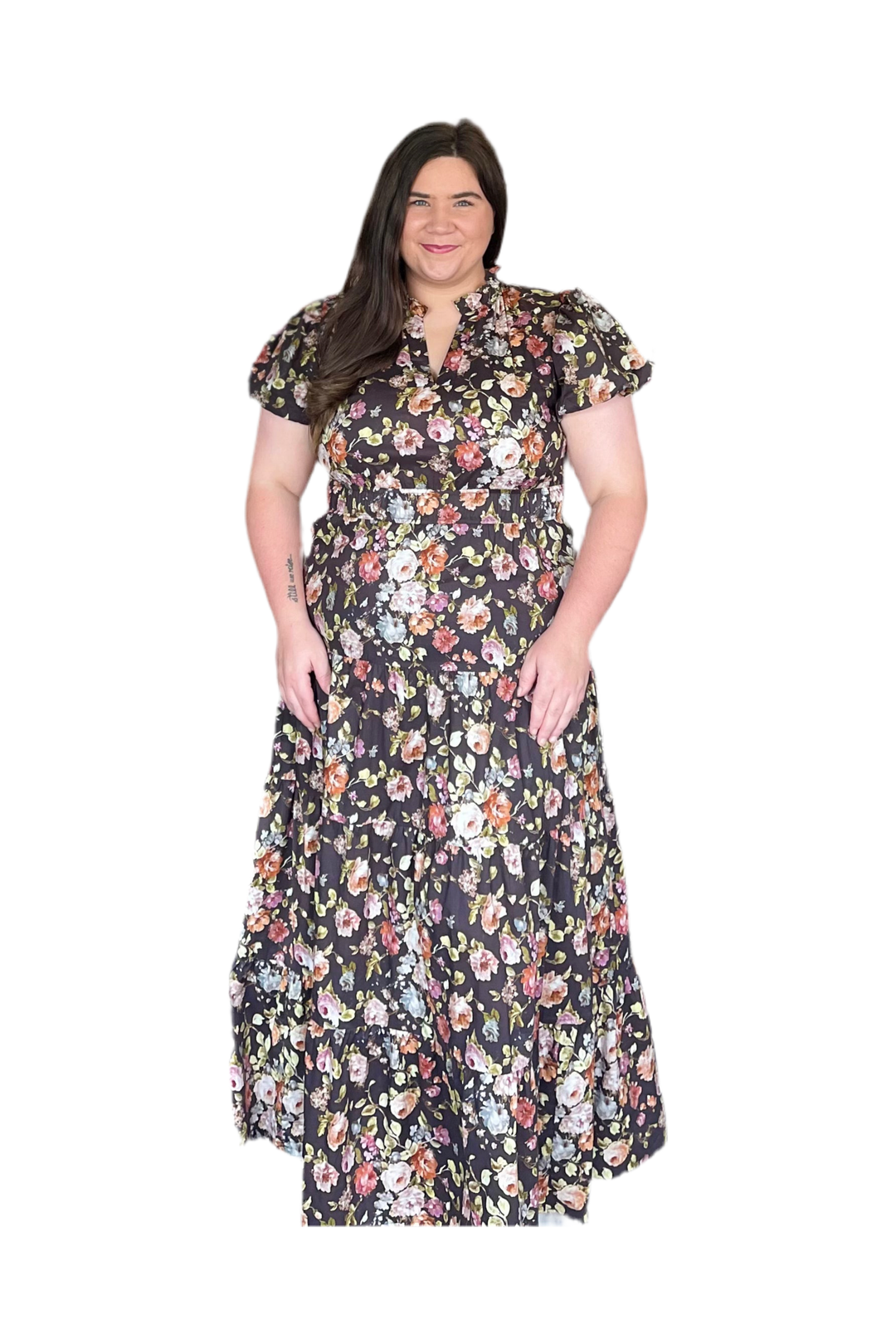 Entro Chocolate Mix  Bubble Sleeve Tiered Midi Dress - Vintage Dragonfly Boutique