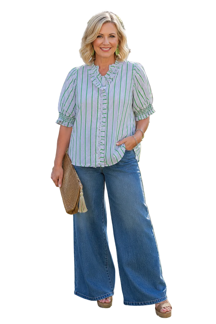 Entro Green Stripe Ruffle Trim Puff Sleeve Button Front Top - Vintage Dragonfly Boutique