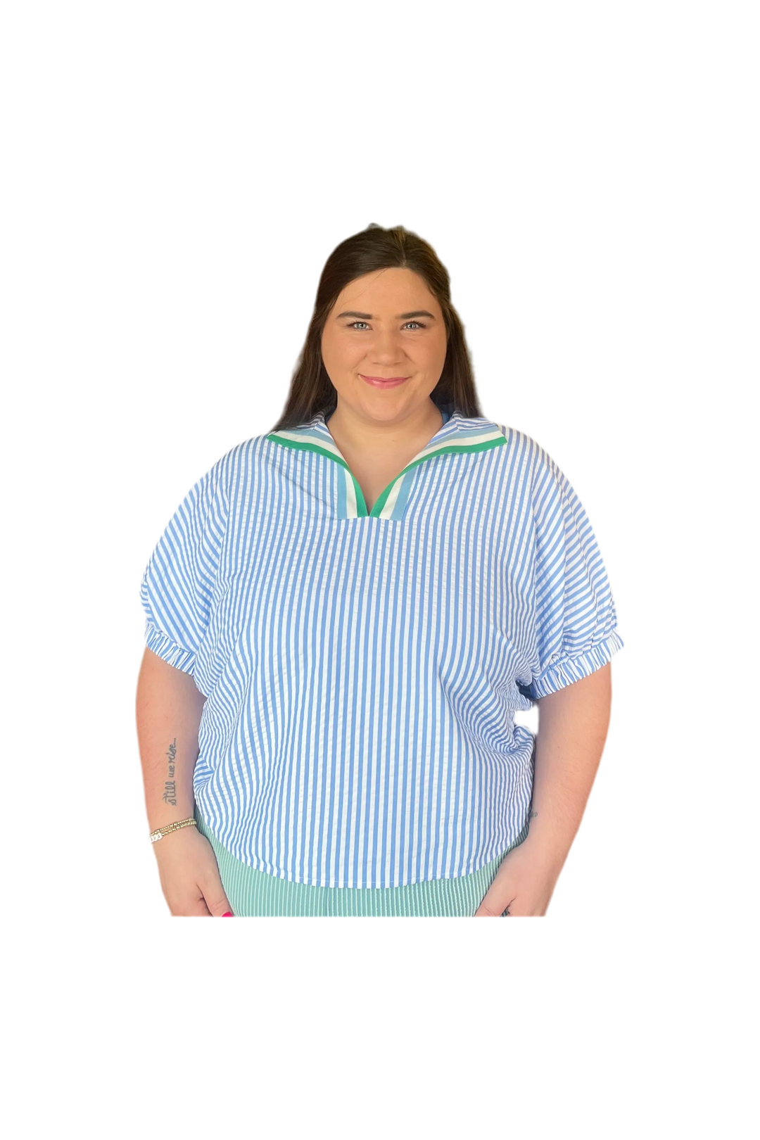 Entro Blue Split Neck Elastic Sleeve Top