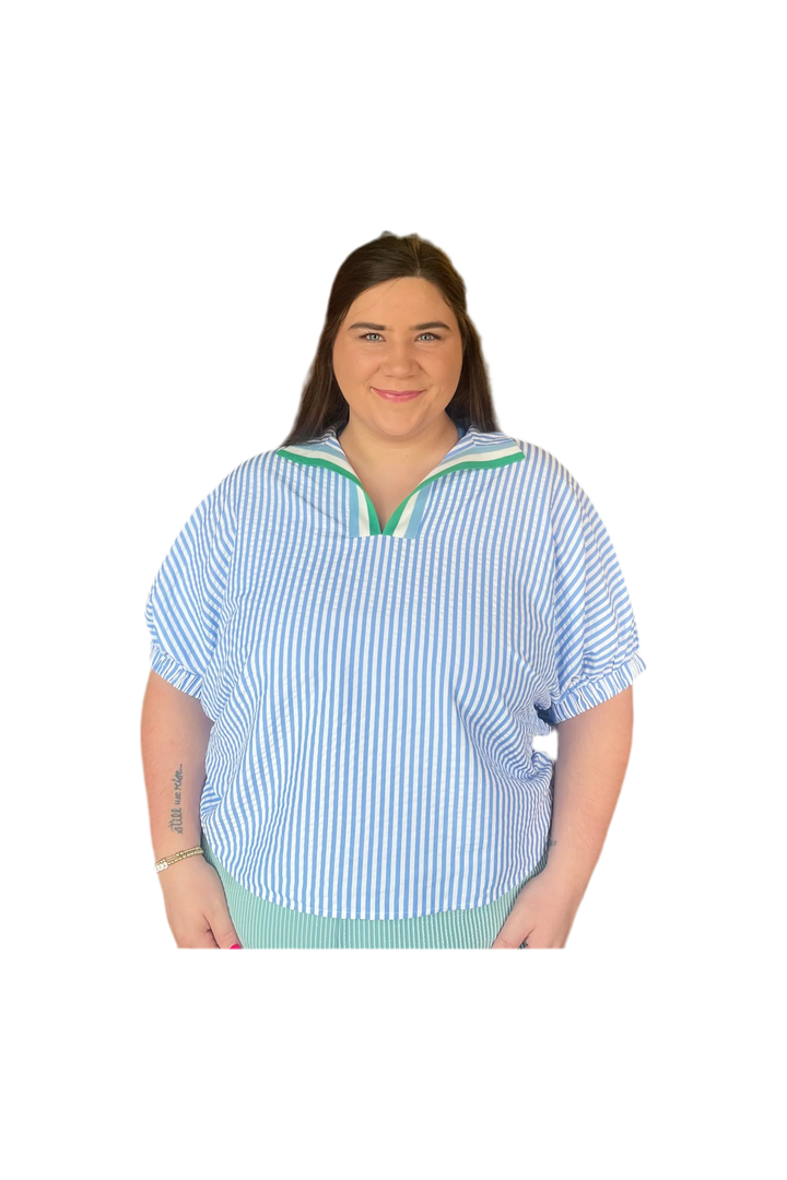 Entro Blue Split Neck Elastic Sleeve Top