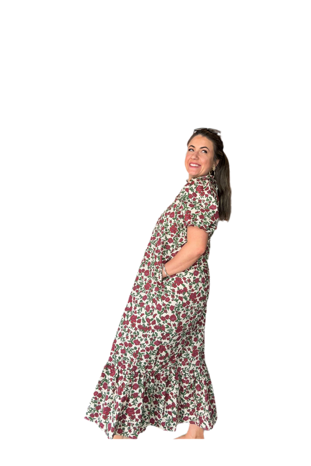 Romantic Floral Midi Dress with Bubble Sleeves - By Entro - Vintage Dragonfly Boutique