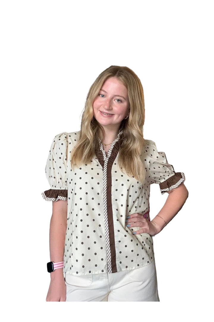 Entro Cream Polka Dot Puff Sleeve Blouse with Brown Trim - Vintage Dragonfly Boutique