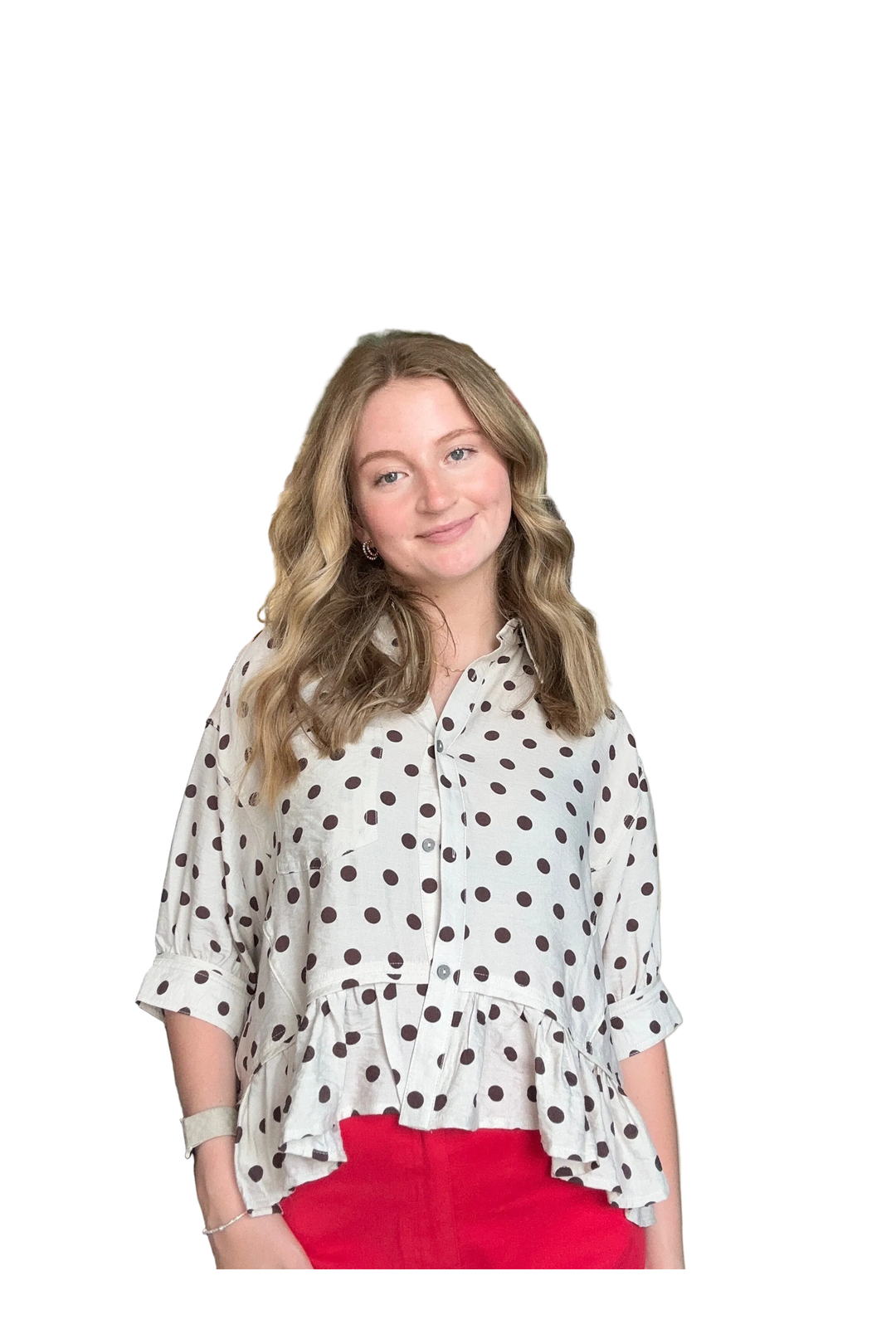 Entro Cream Polka Dot Ruffle Hem Button Down Top - Vintage Dragonfly Boutique