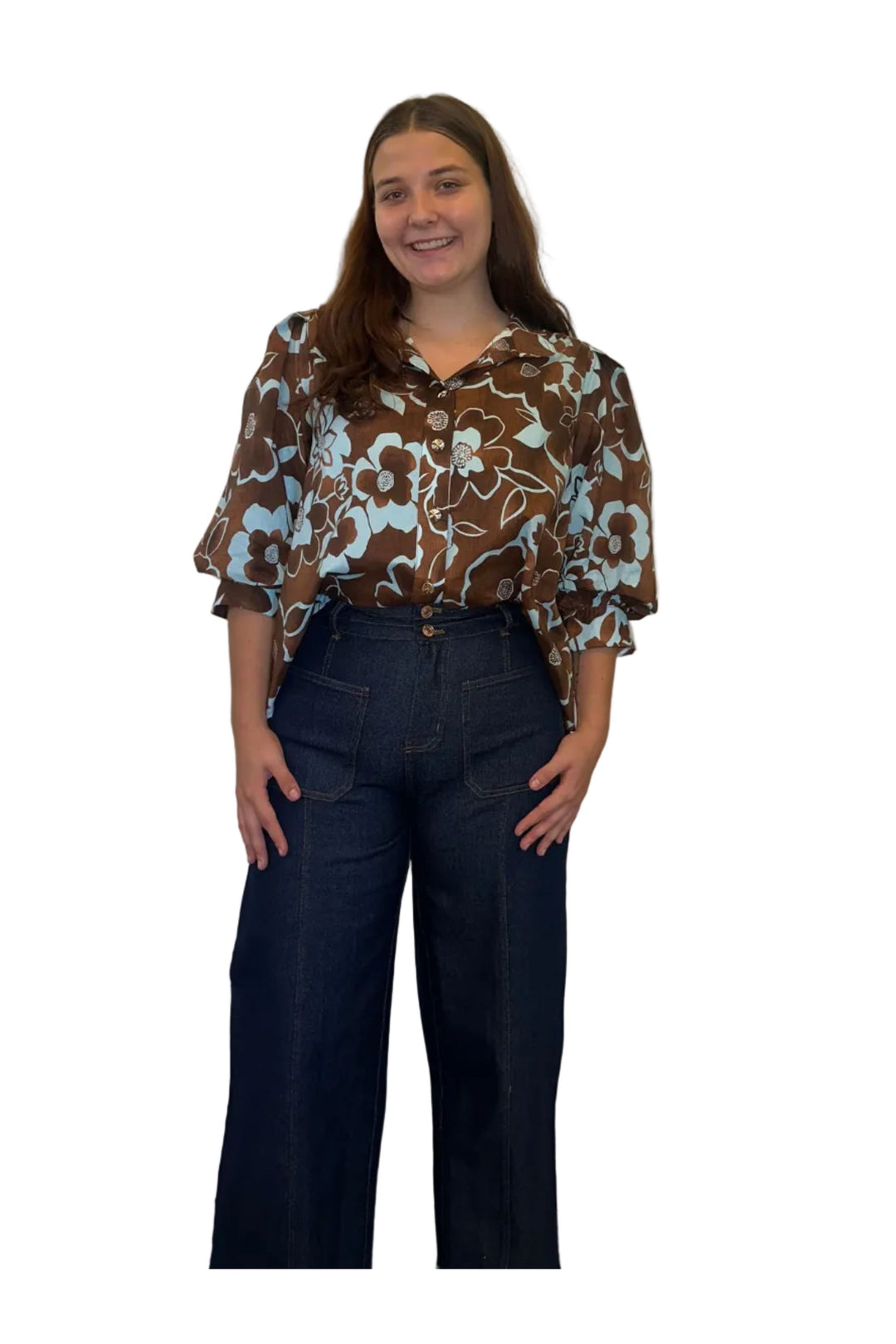 Entro Chocolate Brown &amp; Blue Floral Button-Up Blouse