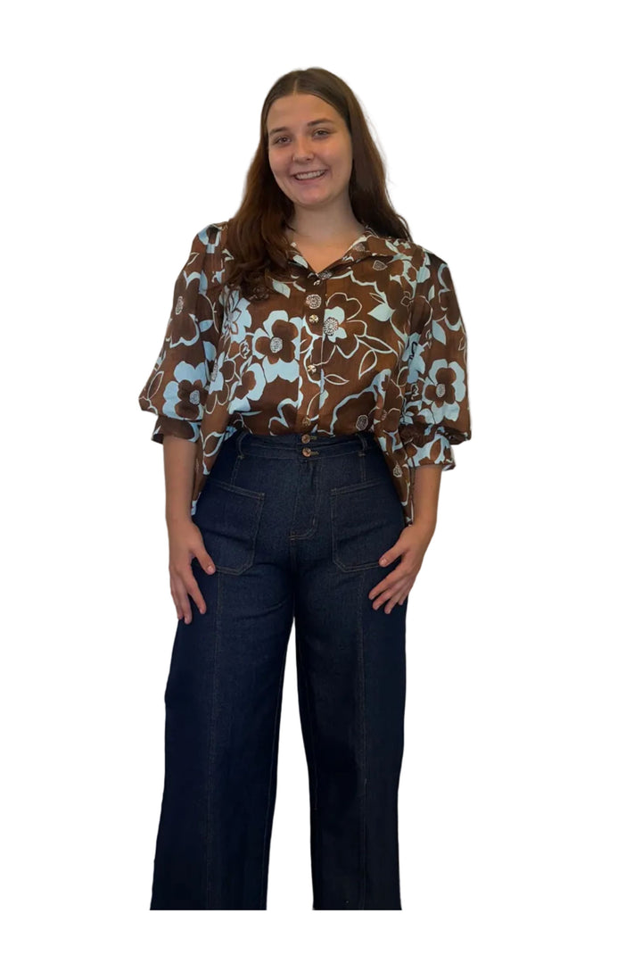 Entro Chocolate Brown &amp; Blue Floral Button-Up Blouse