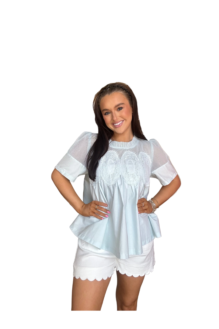Fate Sheer Mesh Lace Babydoll Top in Pale Blue Mesh Combined Top - Vintage Dragonfly Boutique