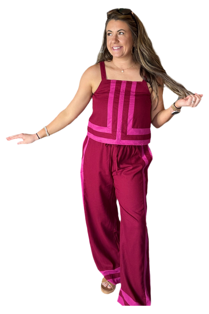 Maroon and Rose Accent Sleeveless Top and Wide Leg High Waist Bottoms Set - Vintage Dragonfly Boutique