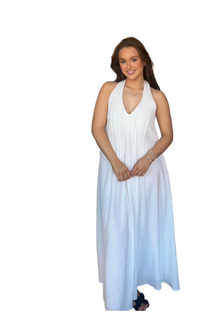 In February Off White Pleated Halter Midi Dress with Pockets - Vintage Dragonfly Boutique